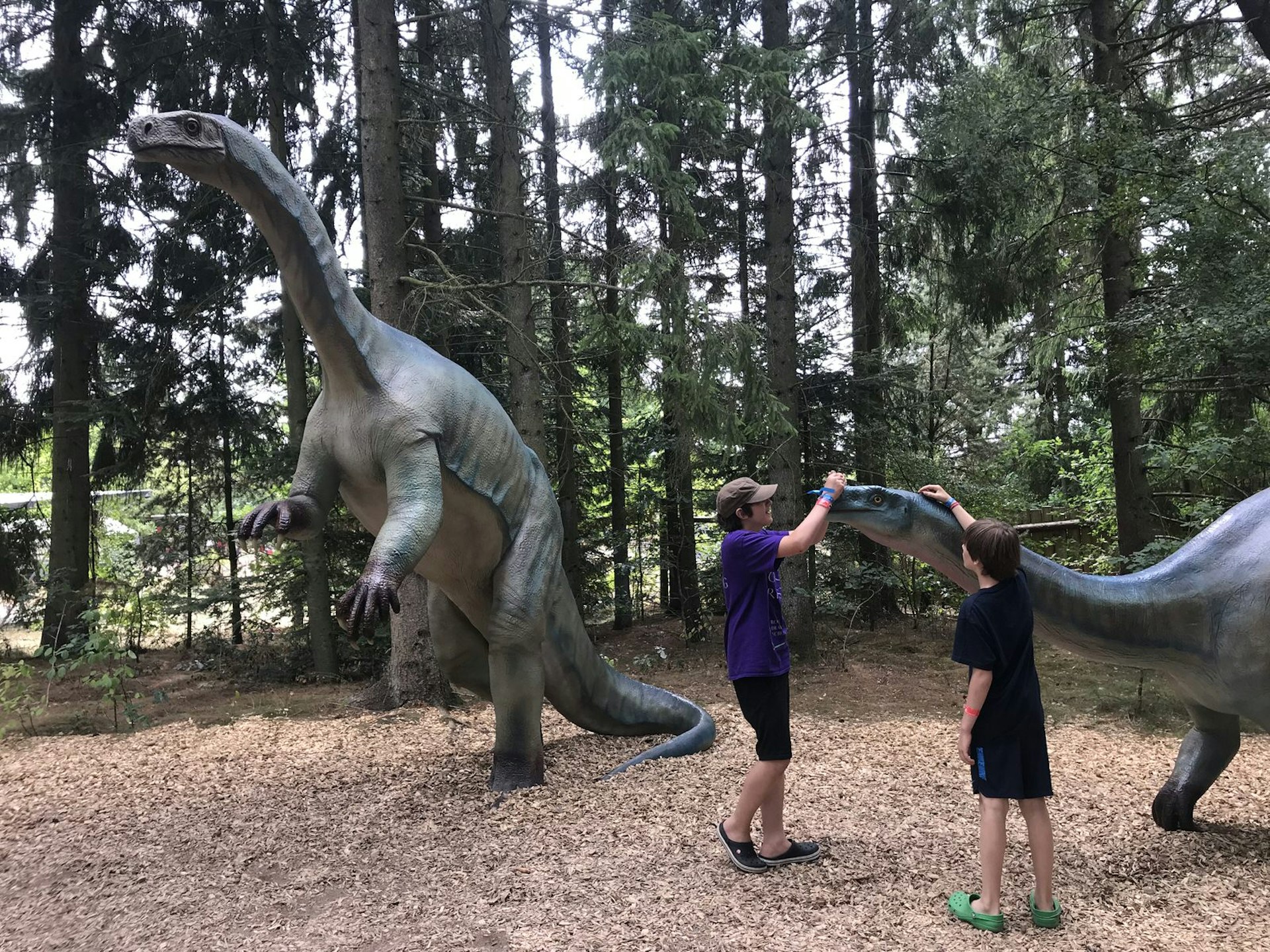 Two boys investigating one of the realistic dinosaur sculptures in the dinosaur park at Givskud Zoo © Abigail Blasi / Lonely Planet