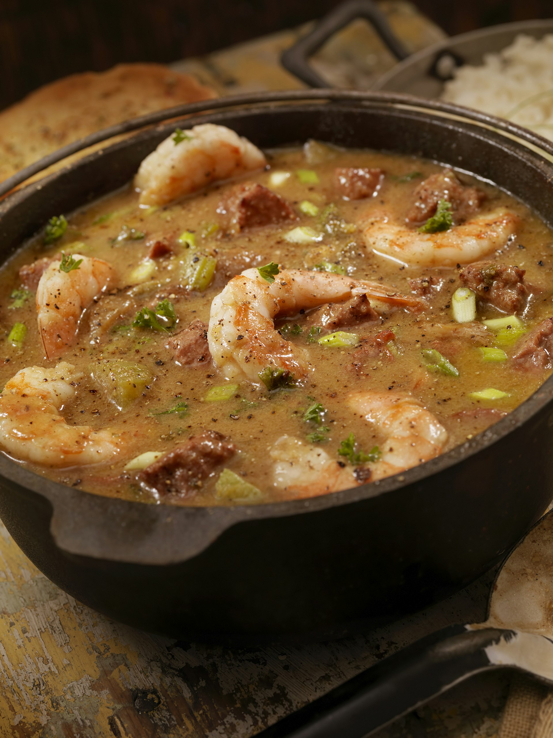 close up of shrimp and sausage gumbo in a cast-iron pot on a wooden table