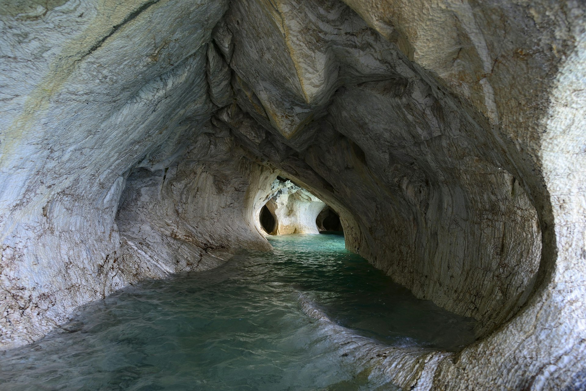 Features - Bizarre rock formations of the marble caves, Cuevas de Marmol, Lago General Carrera, Puerto Rio Tranquilo, Region de Aysen, Chile