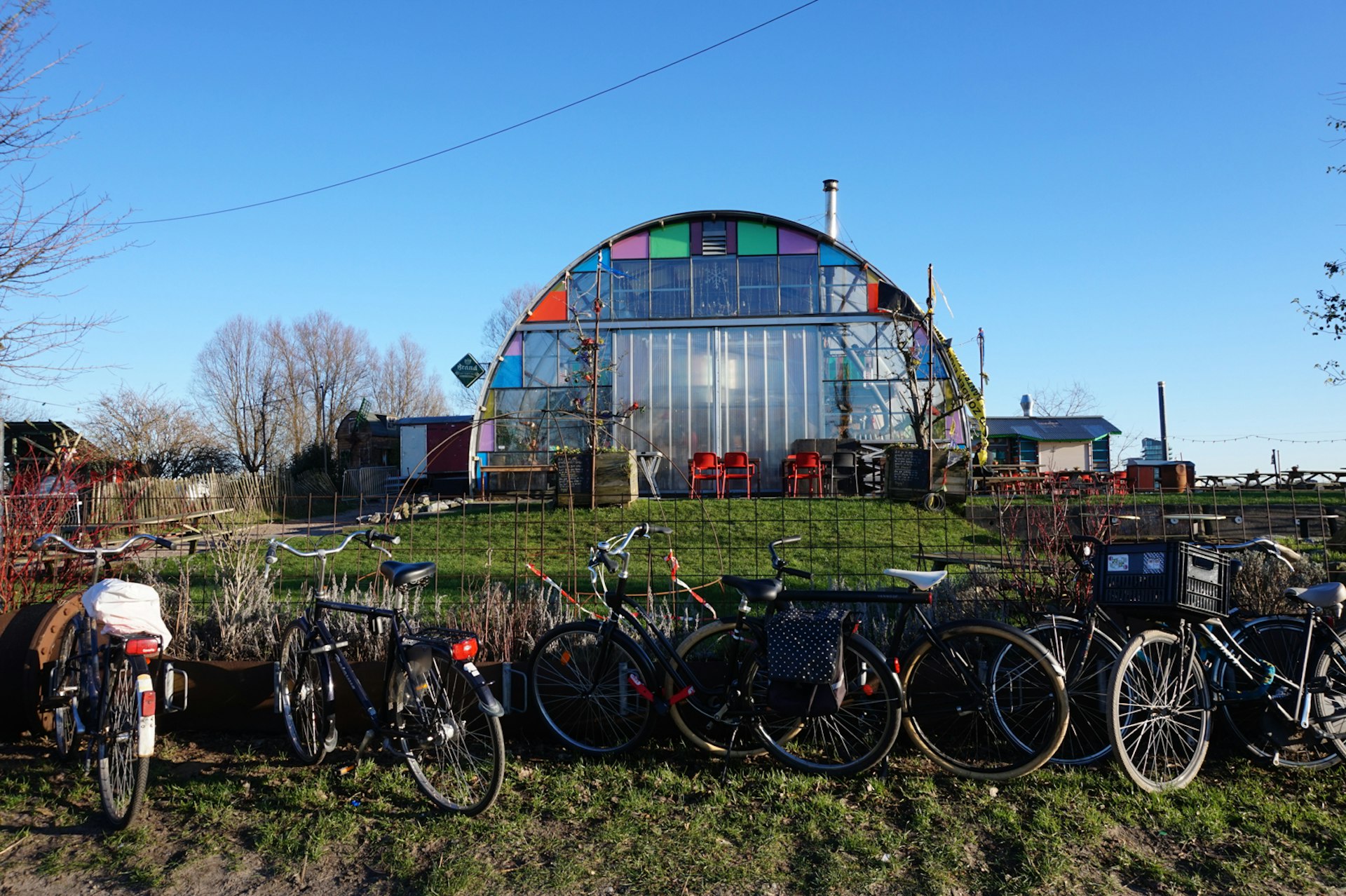 Bikes in front of Noorderlicht, a cafe housed in a building made of reused and sustainable materials