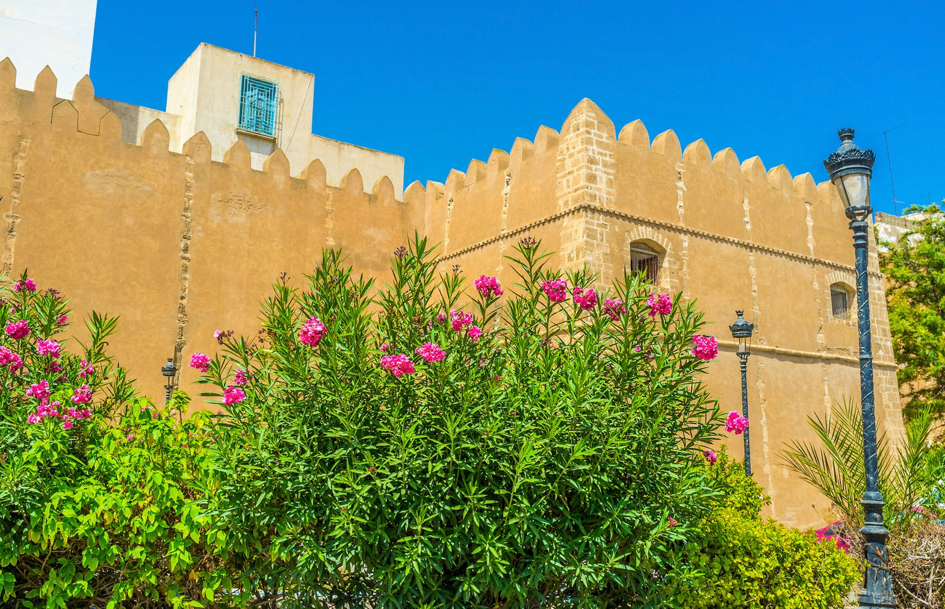 The medieval fortification of Sfax surrounded by lush gardens with many colourful flowers, Tunisia.