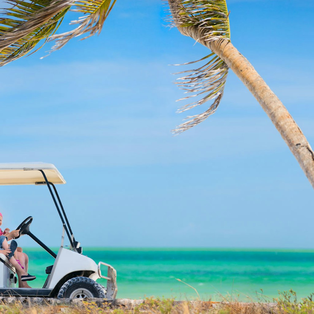 a woman drives a golf cart with a young girl on her lap and a boy next to her on the beach toward a palm tree