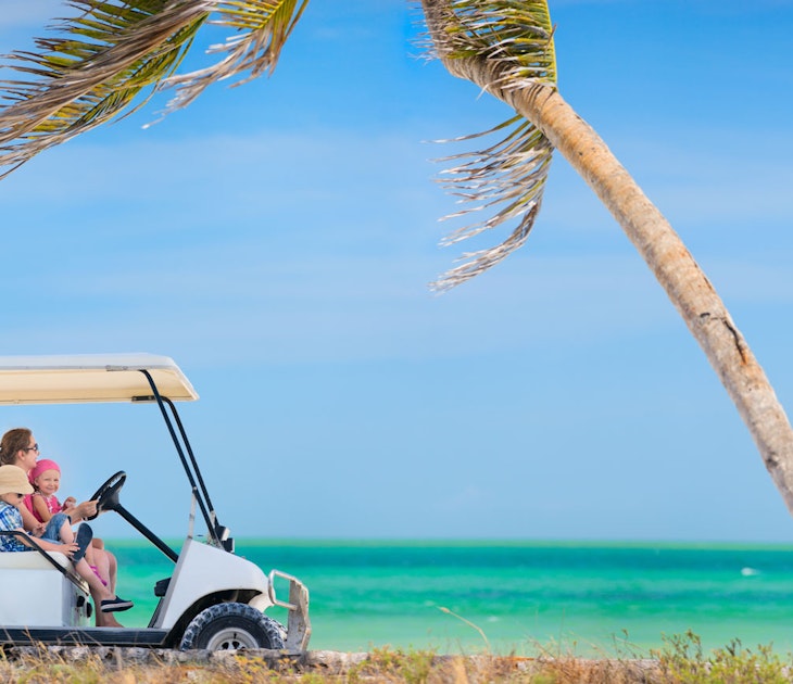a woman drives a golf cart with a young girl on her lap and a boy next to her on the beach toward a palm tree