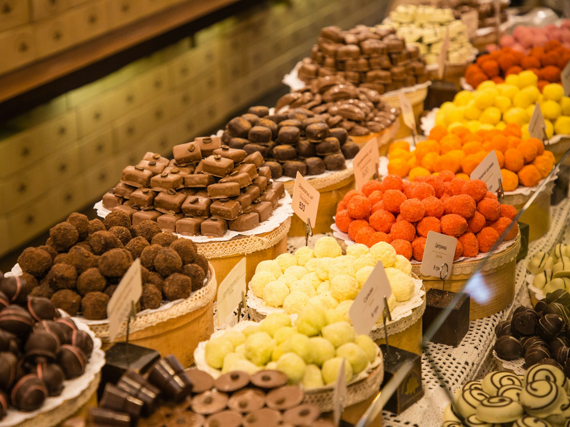 Colourful handmade chocolates for sale at one of Lviv's trademark shops © Marta Huk / Shutterstock