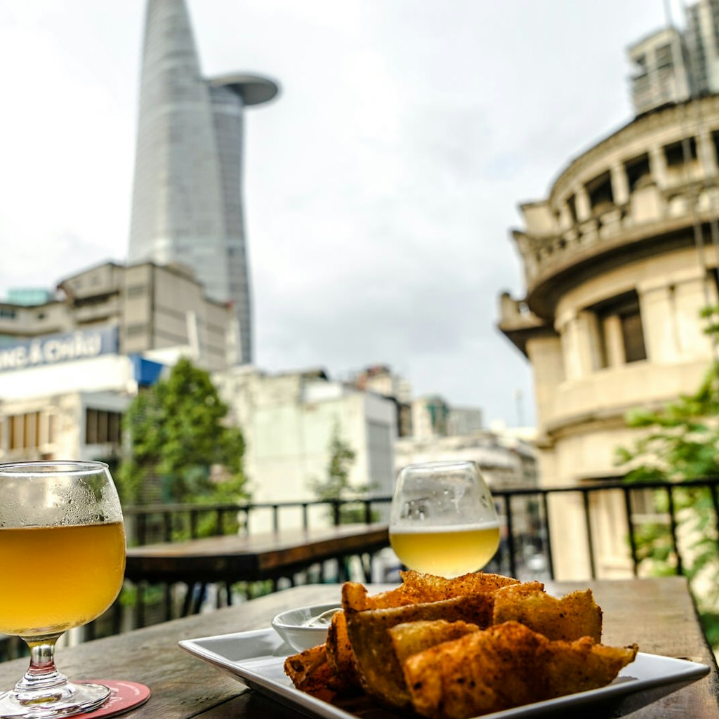 Beer and buildings, seen from the terrace at Rogue
