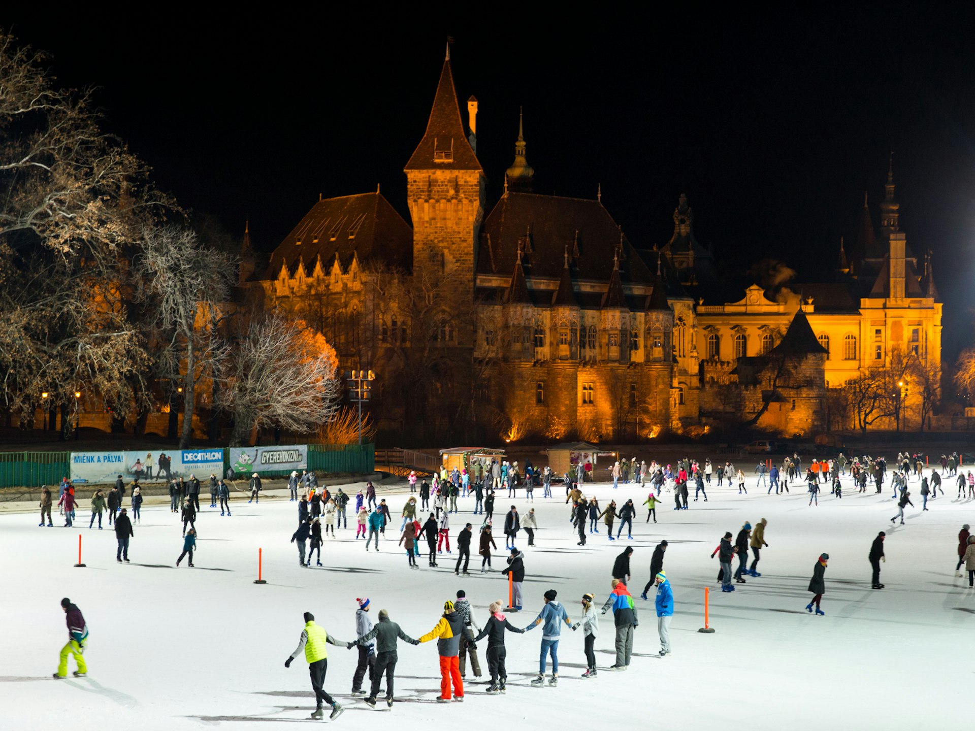 A night shot over a large ice rink with many people skating around. In the foreground a group of seven people hold hands and form a chain. In the background the castle is lit up.
