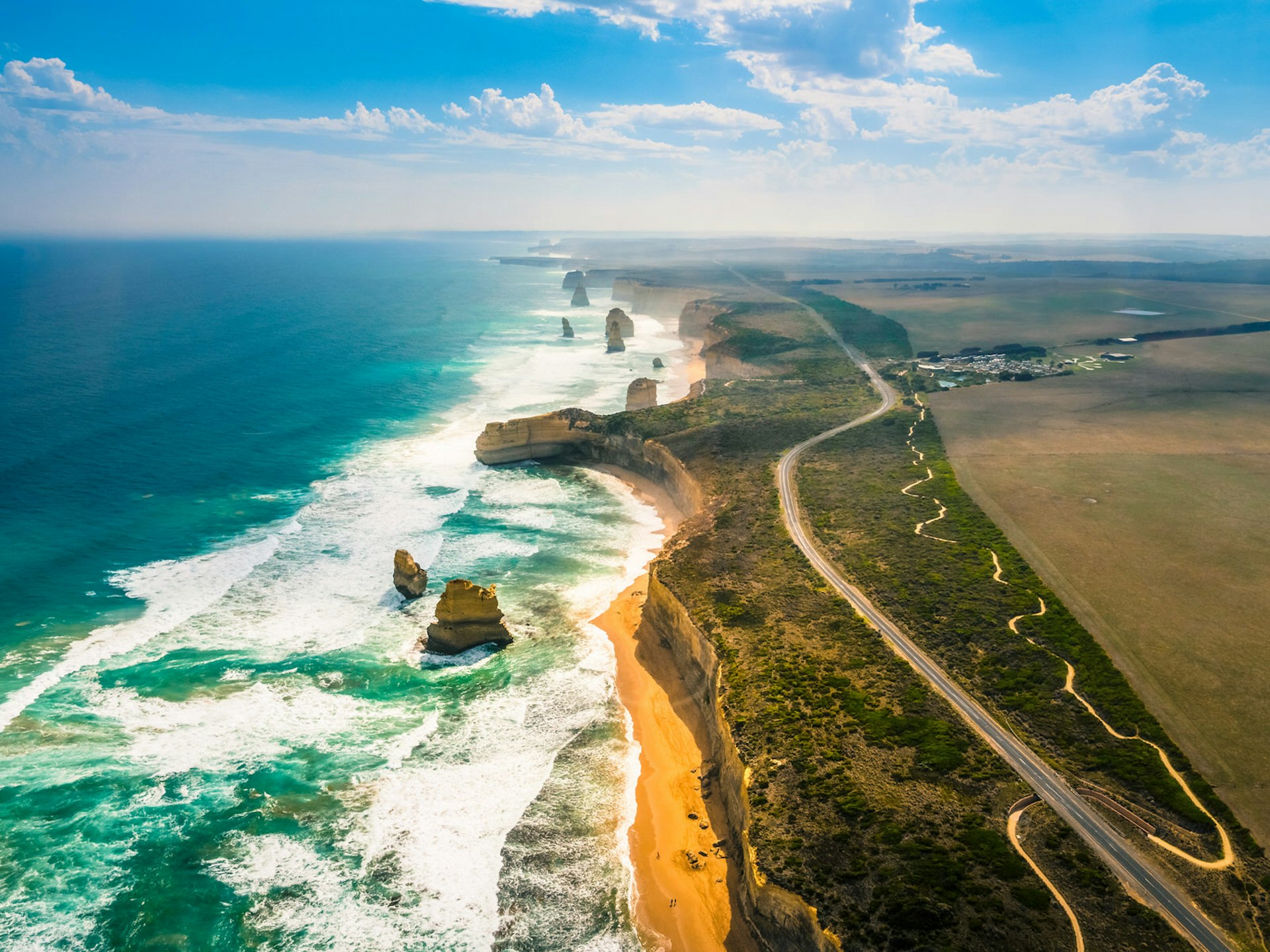 The Great Ocean Road, Australia, shown from above, with the road running alongside the coast