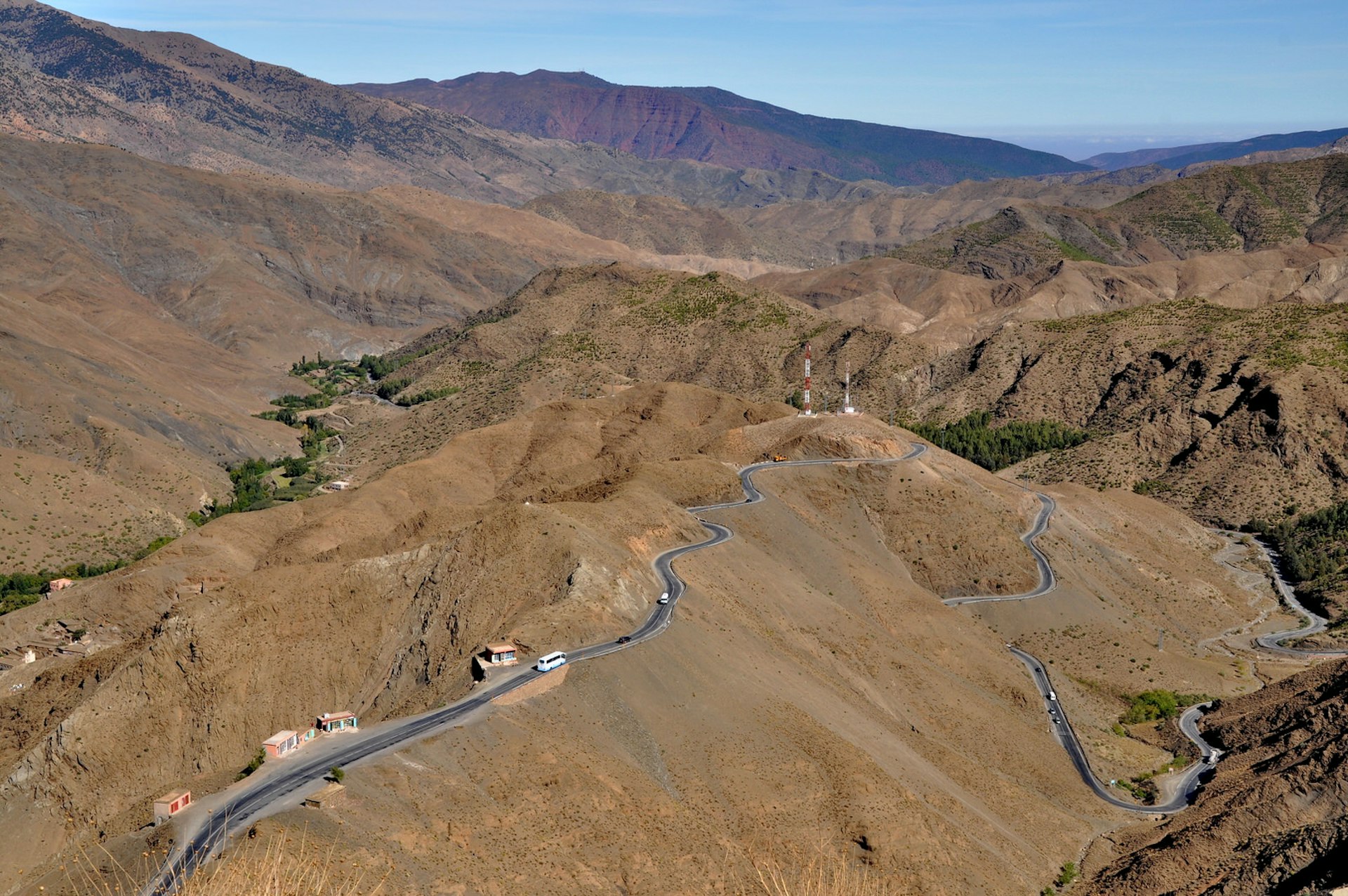 An aerial view of a winding road in the High Atlas mountains in Morocco