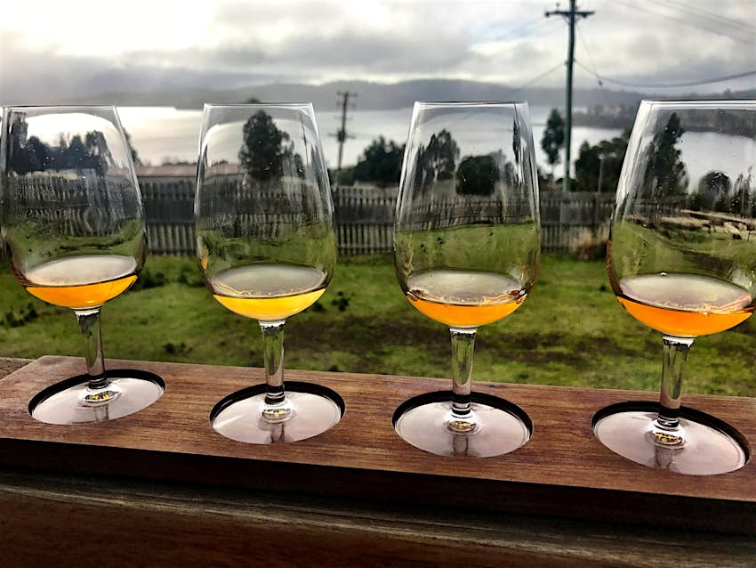Features - Four glasses of single malt Tasmanian whiskey