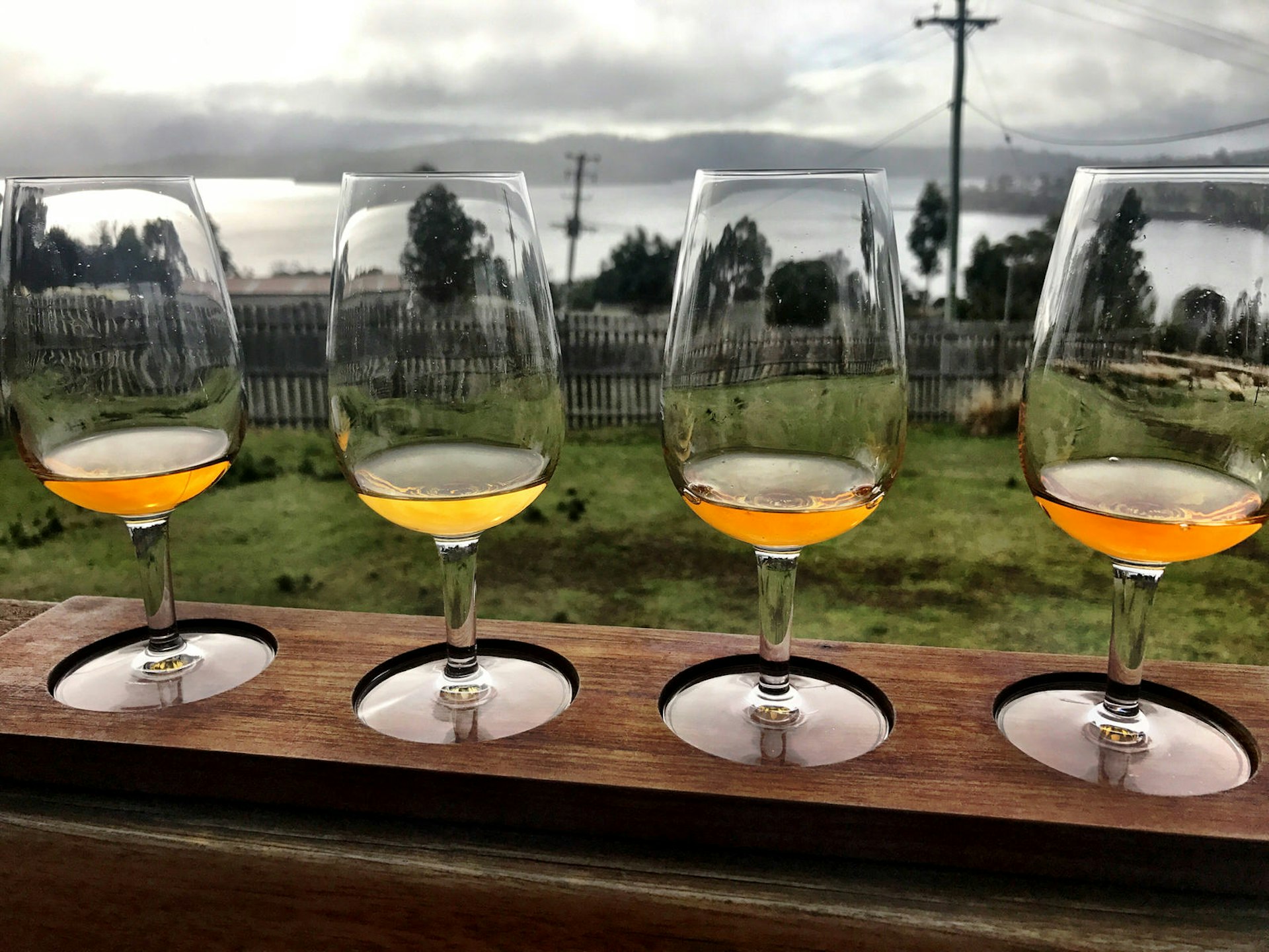 Features - Four glasses of single malt Tasmanian whiskey