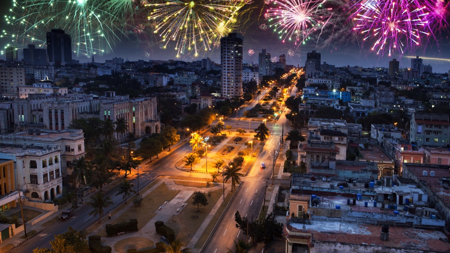 Fireworks explode over the city skyline in Havana Shutterstock