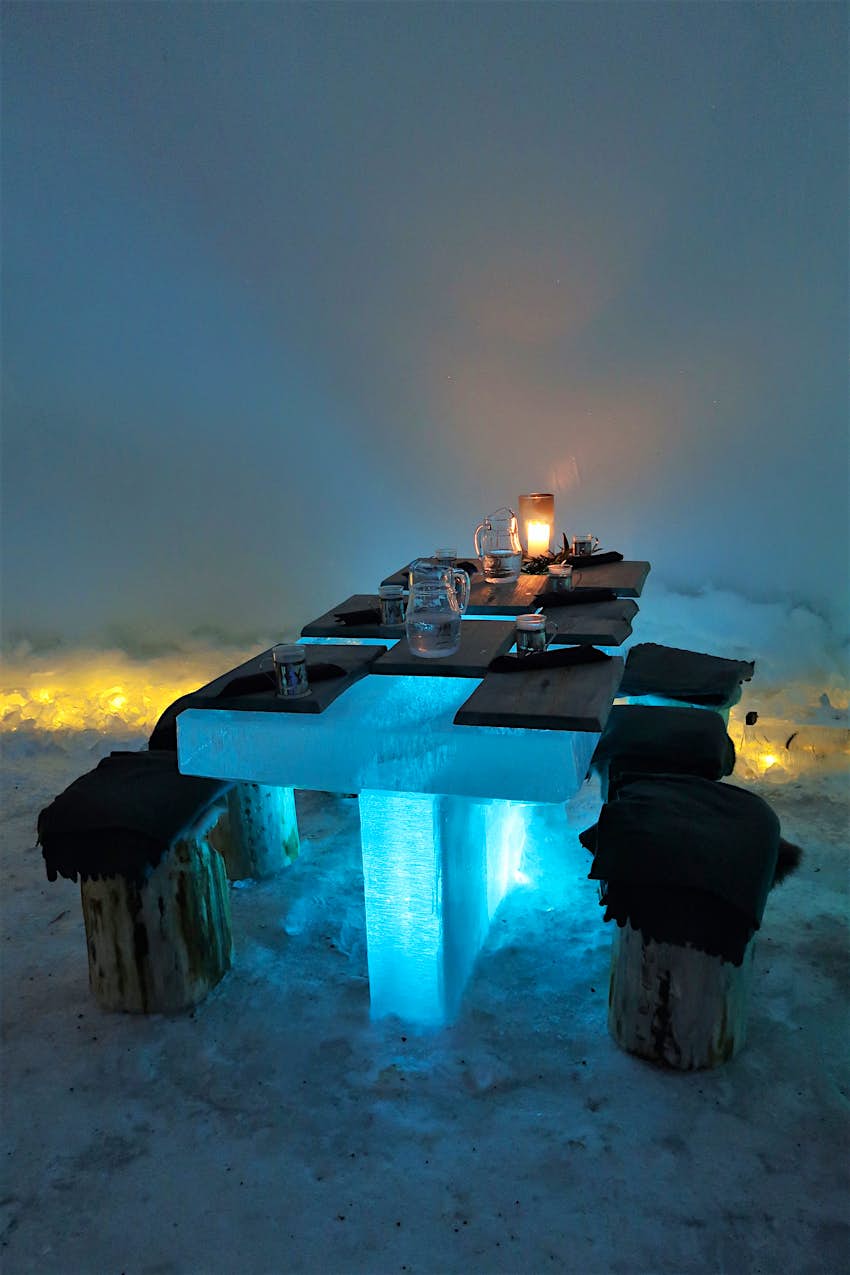 A table in a pop-up ice restaurant in Lapland