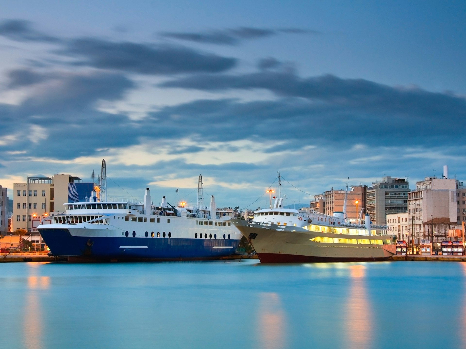 Two large ferries in the port of Piraeus, Greece