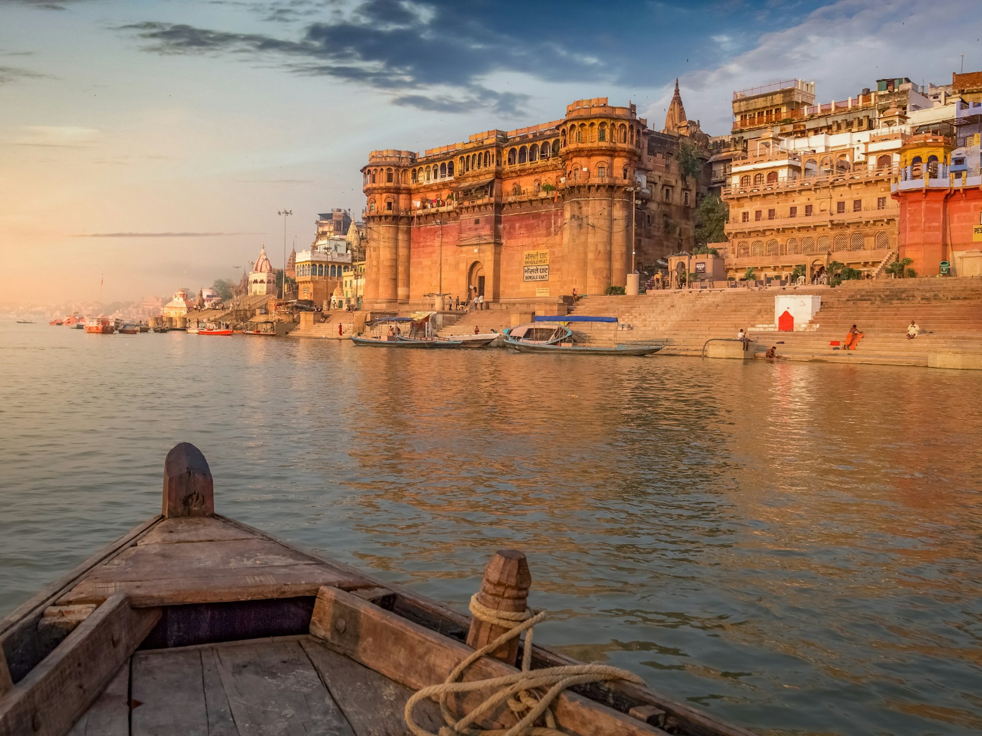 The ghats of Varanasi seen from the Ganges River