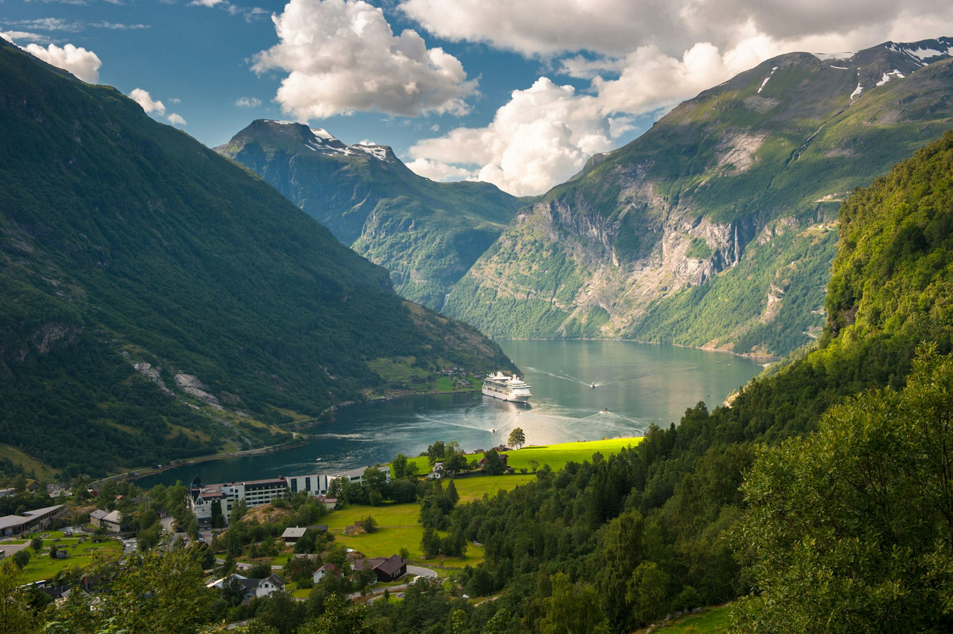 Geiranger fjord, Norway, with cruise ship visible on the water