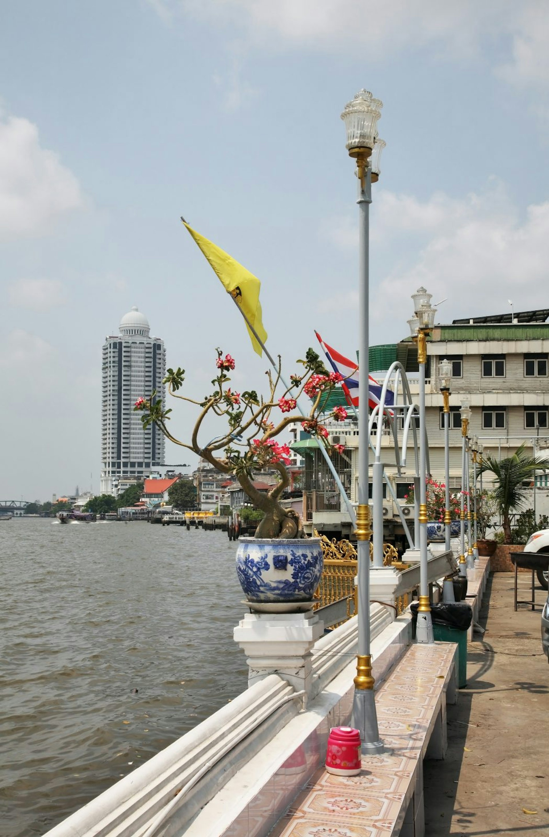 A potted plant sits on the ledge next to a river running through Bangkok. There is a tall building in the background.