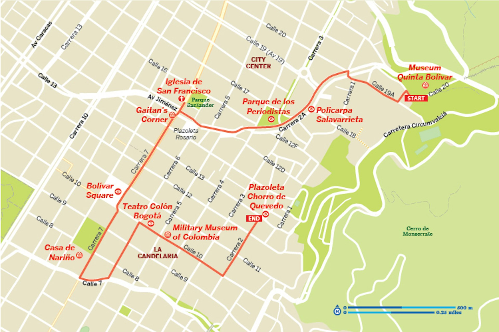 A map of a walking tour in downtown Bogotá, Colombia