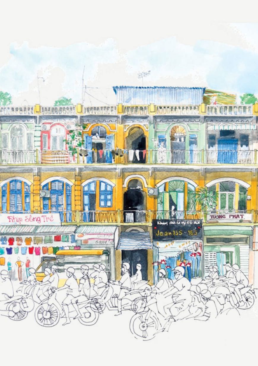 En linje- och akvarellscen som visar gula och blåa flervåningsbyggnader i Vietnam, med skisser av motorcykelförare som bildar en monokrom rad framför byggnaderna, ett konstverk gjord av den Vietnam-baserade skaparen Bridget March