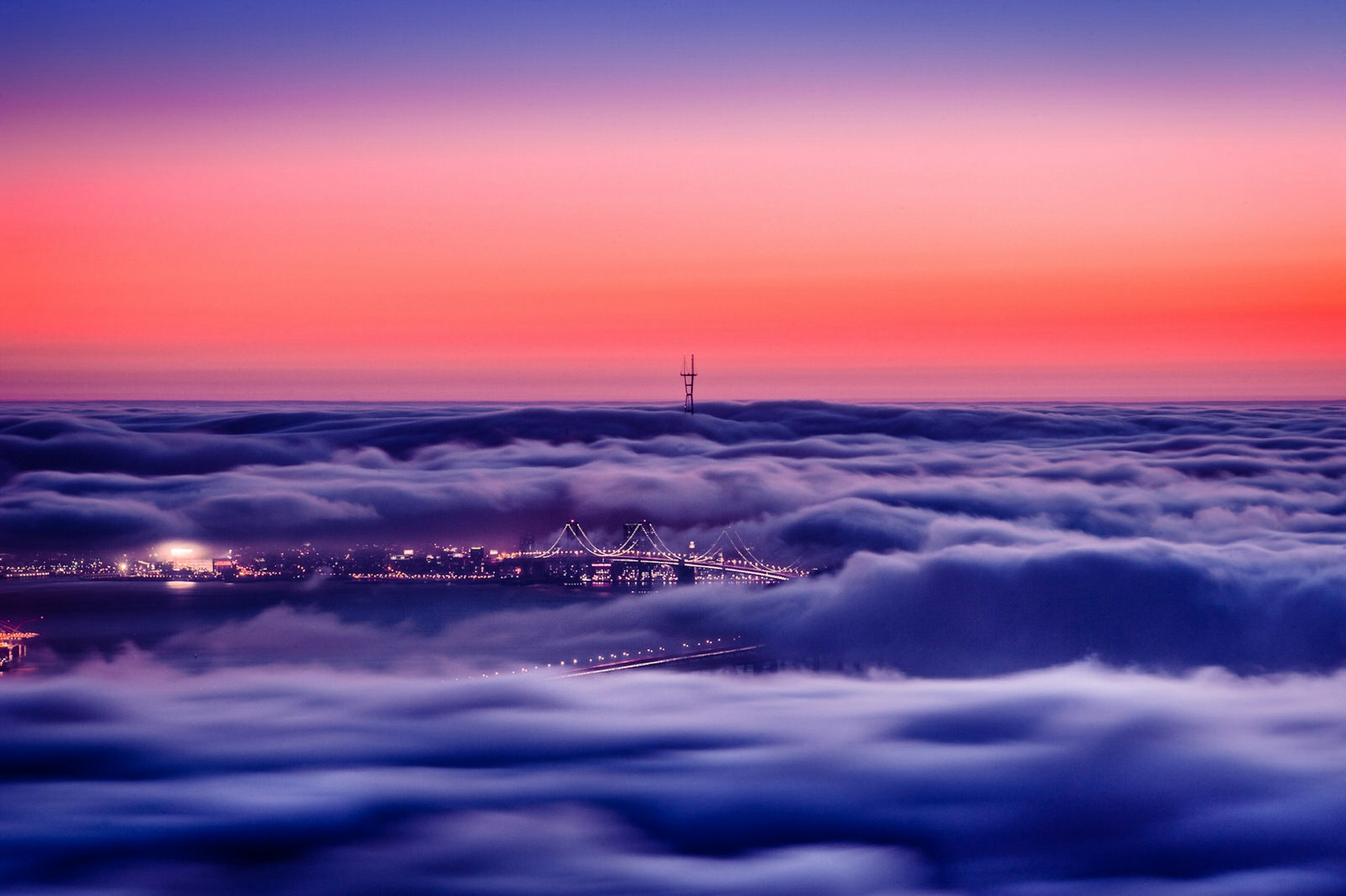 Fog-shrouded San Francisco at dawn, as seen from the ridgeline of Berkeley