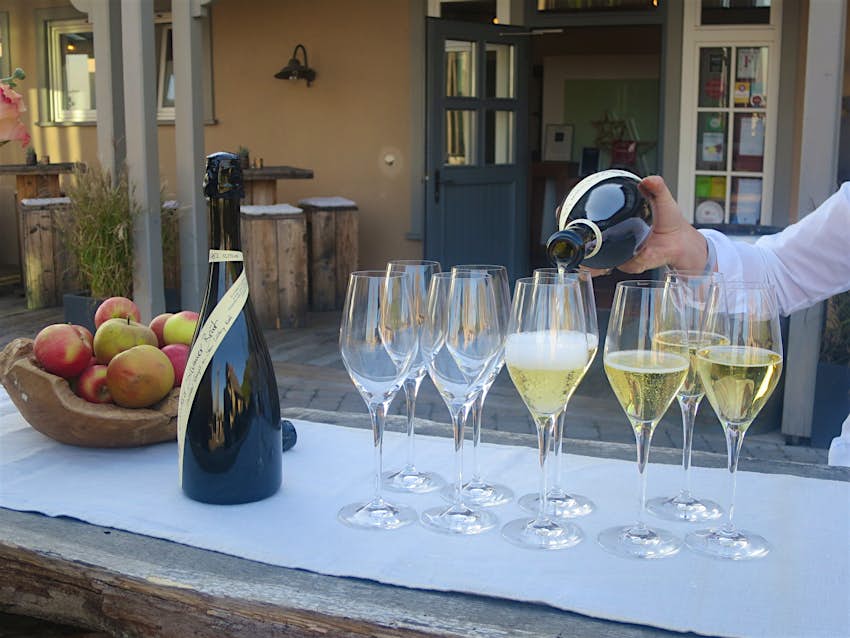 Pouring of the sparkling Silvaner Brut (using Franconian Silvaner and Pinot grapes) at Würzburg's organic, biodynamic Weingut am Stein