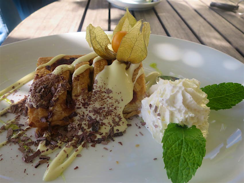 Features - IMG_1365-f2a0c55e4610 Apfelstrudel on the sun-dappled, vineyard covered terrace of Saalhäuser Weinstubin in Bad Kösen. The plate is garnished with cream, mint and chocolate shavings