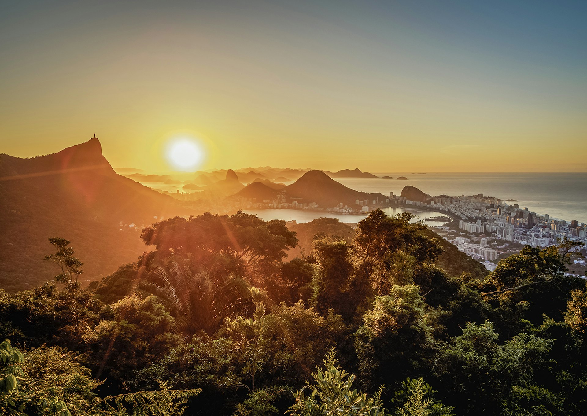 An overhead view of Rio with treetops in the foreground and the orange sun setting to the left of image 
