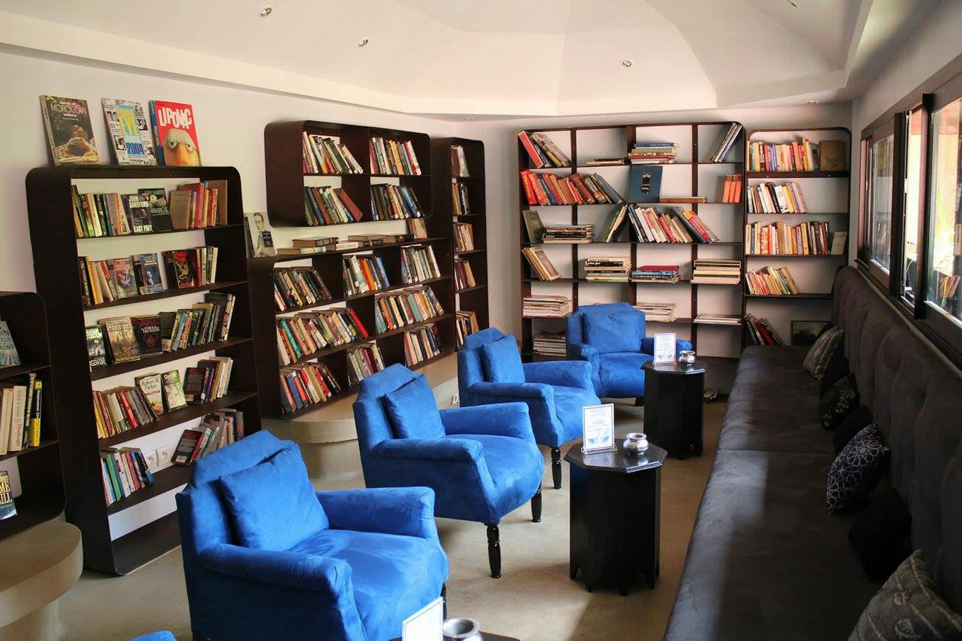 Seats and bookcases inside Cafe du Livre, Marrakesh, Morocco