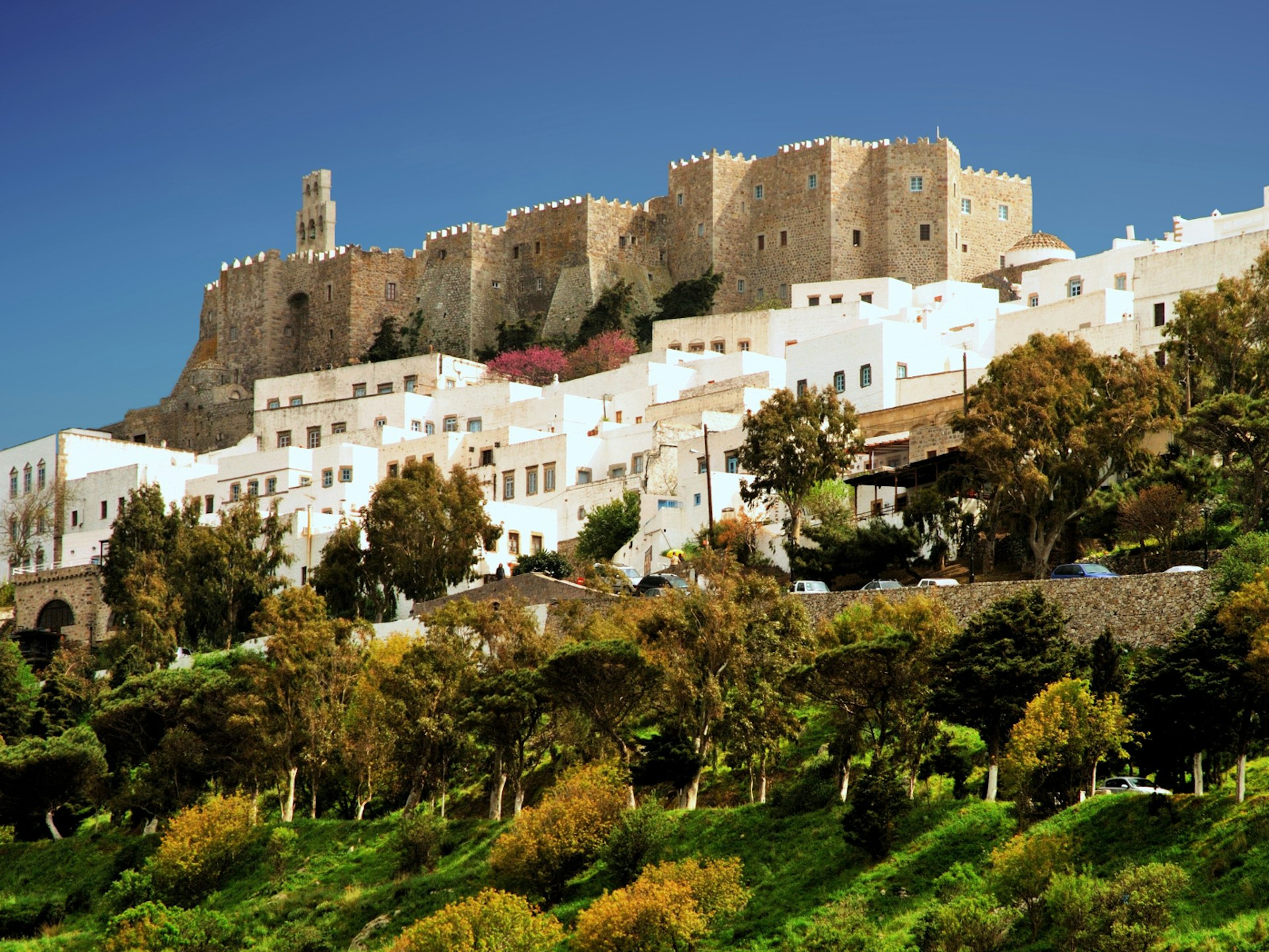 Fortress walls of the Monastery of St John the Theologian on Patmos island 