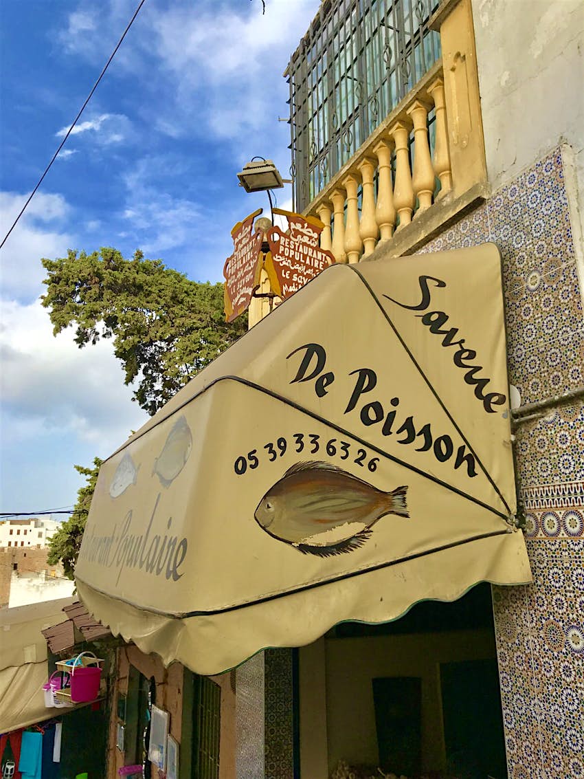 Exterior signage of Saveur de Poisson, Tangier, Morocco
