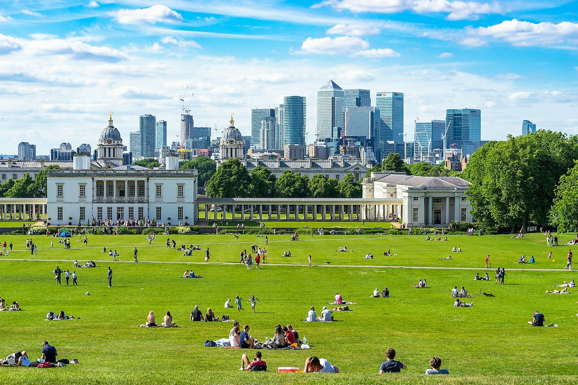 View of Greenwich Park and Docklands from the park's main hill.