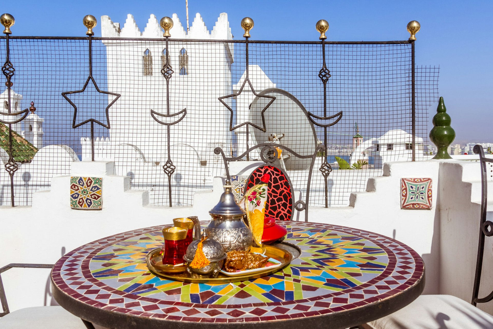 Tea service on terrace in the kasbah of Tangier, Morocco