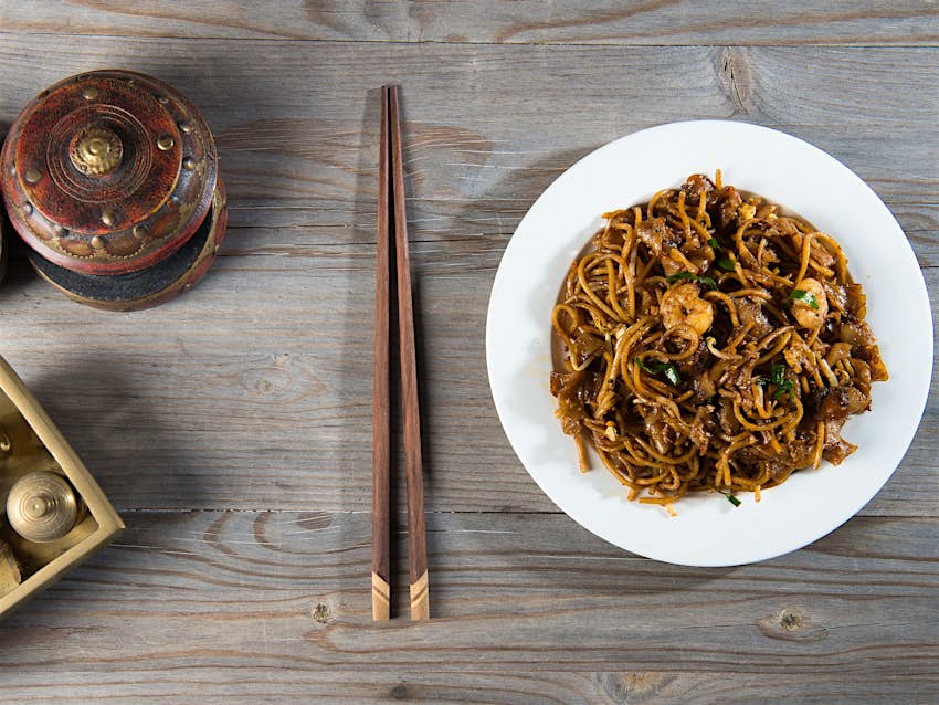 A dish of fried char kuey teow, or flat wide rice noodles