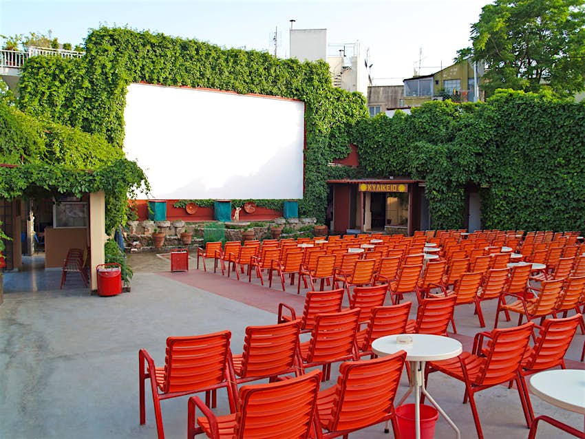 The movie screen and rows of seats at the open-air Cine Thisio in Athens 