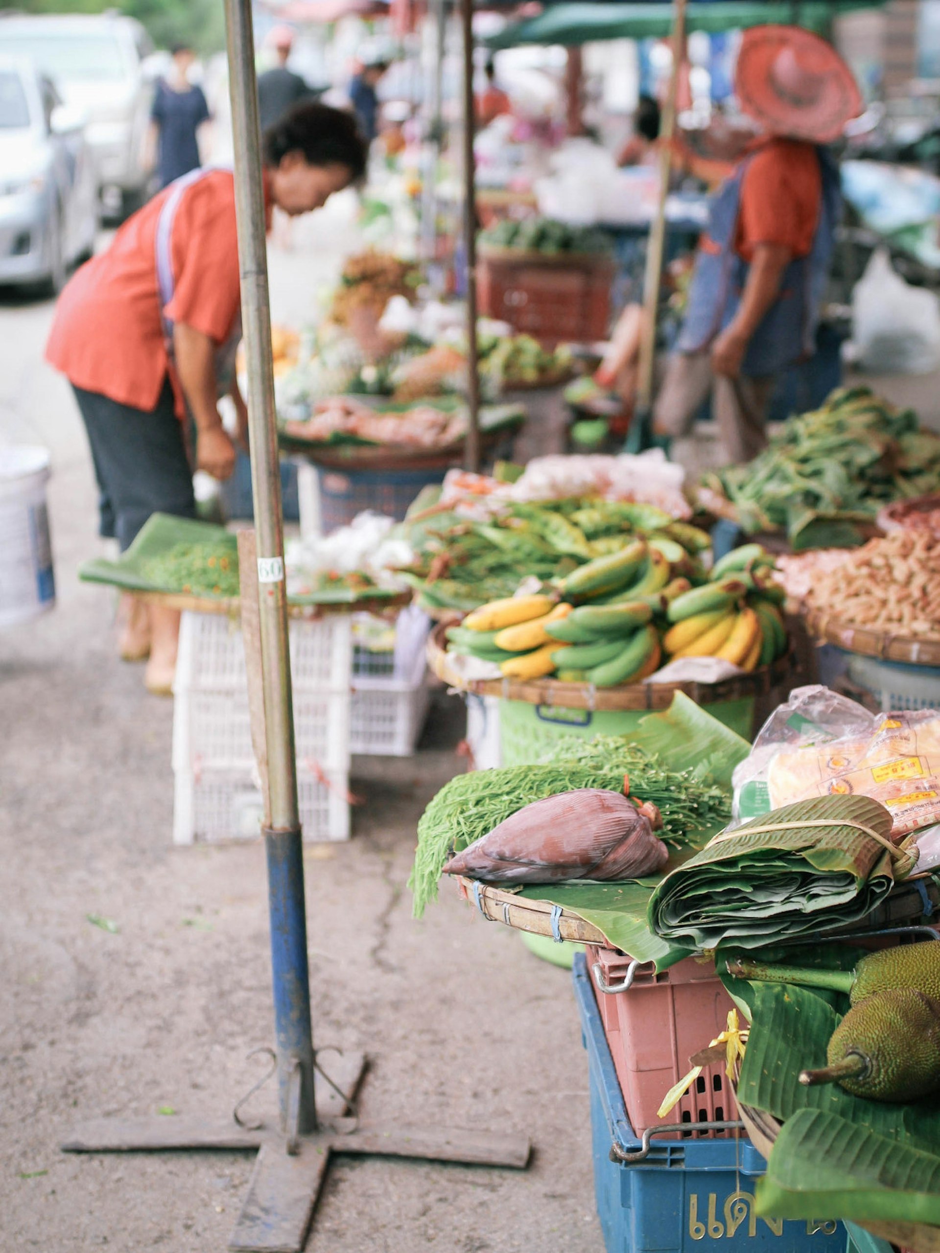 Street stalls with local produce at a fresh market in Chiang Mai