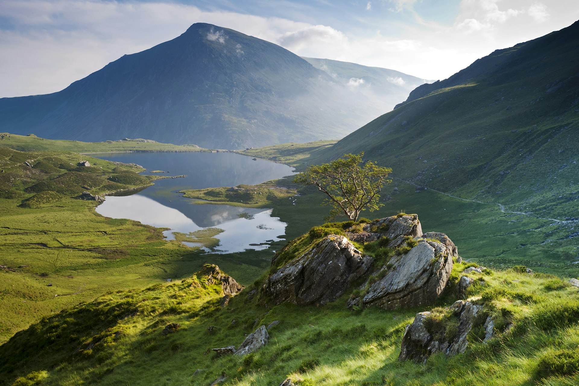 Llyn (Lake) Idwal and the peak of Pen yr Ole Wen in the distance, Snowdonia National Park