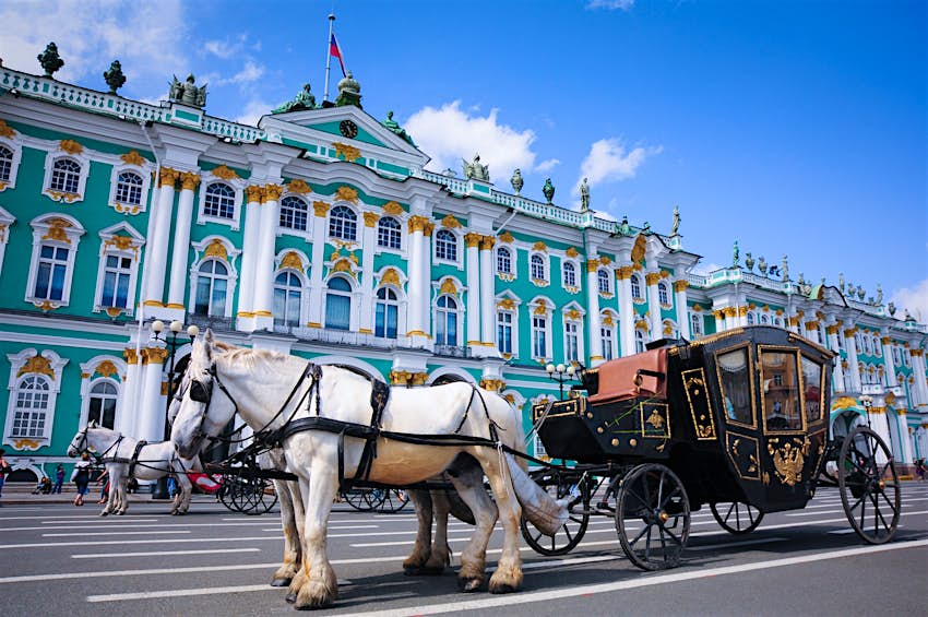 Features - Traveling to Russia A horse and carriage outside the Hermitage in St Petersburg, Russia