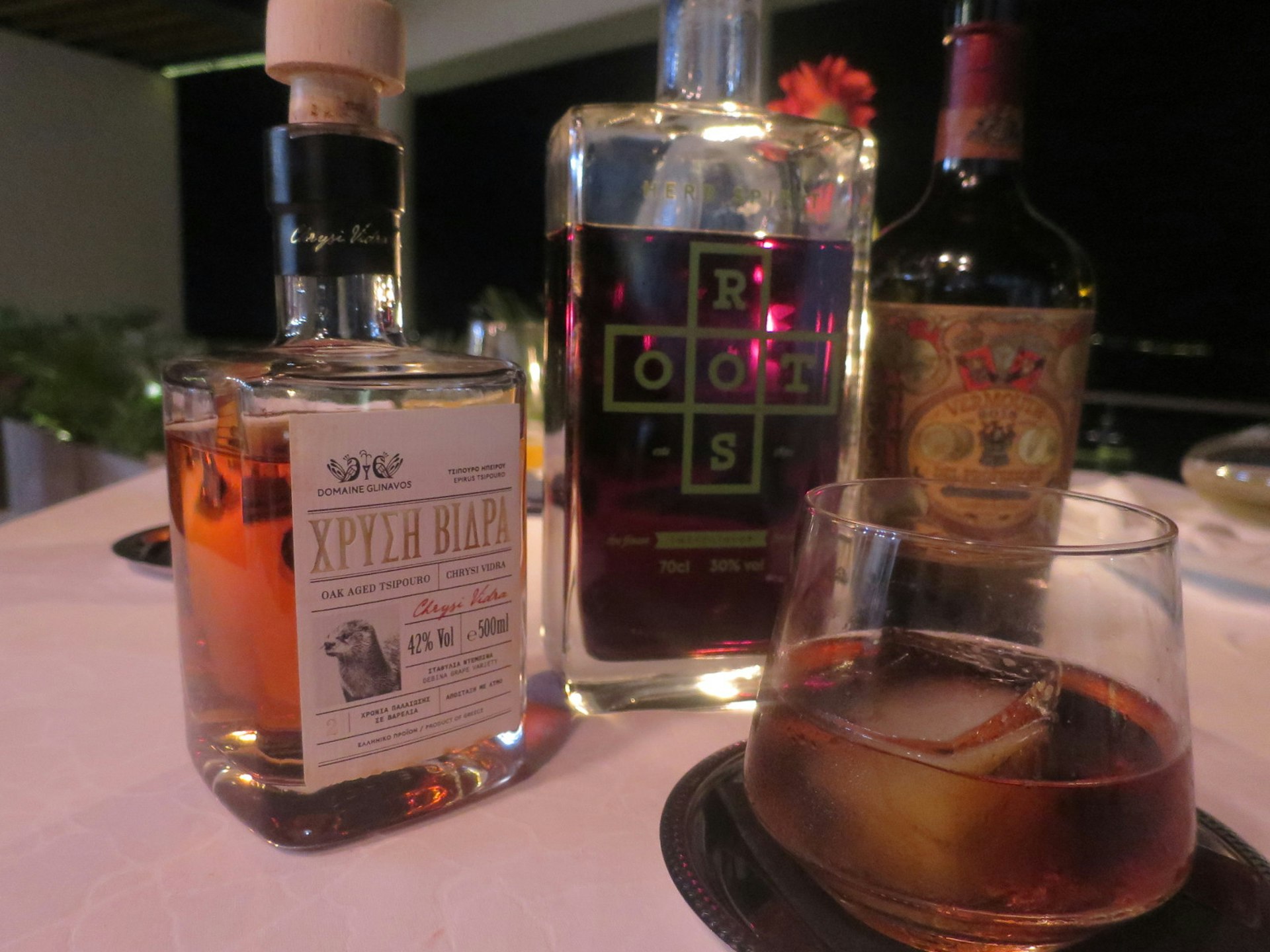 The Greek Old Fashioned is made with tsipouro aged in oak barrels for two years
