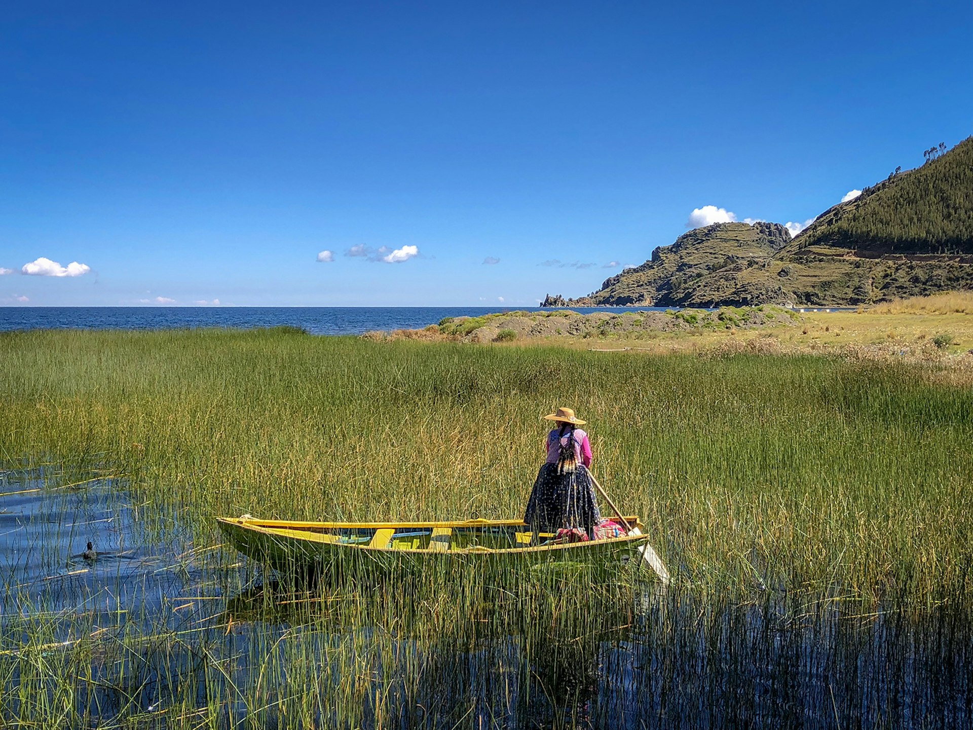 A woman in traditional Bolivian dress guides a yellow and green boat through a reed marsh on a sunny day in Isla Pariti, Bolivia