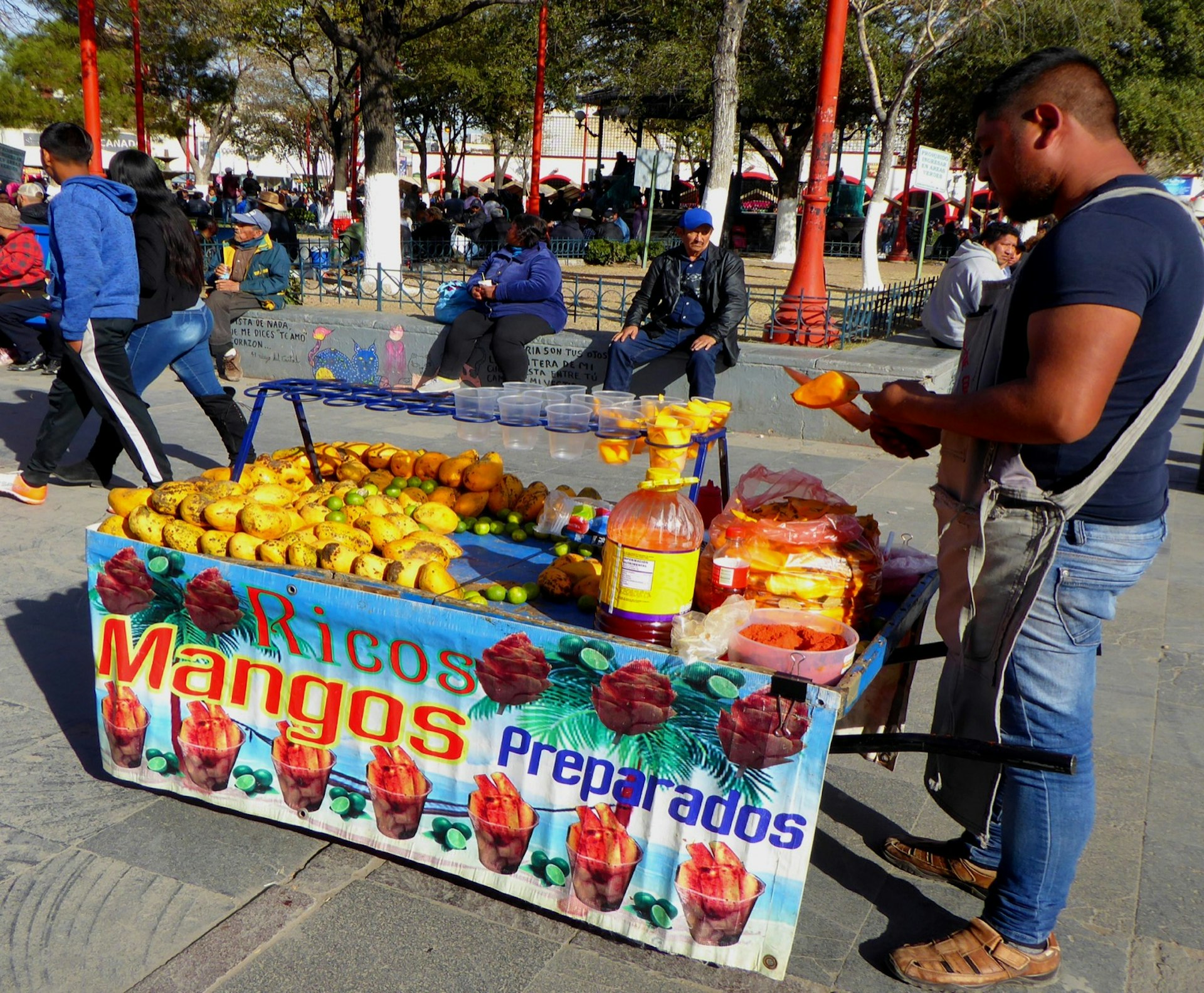 A man cells mangoes from a small stand as people sit around on park benches