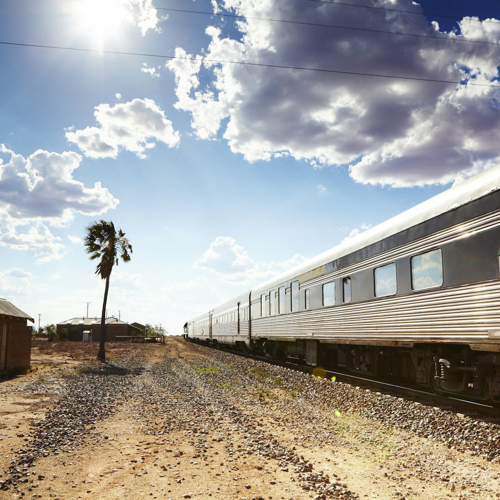 The Indian Pacific train stops in a small town on the Nullarbor Plain.