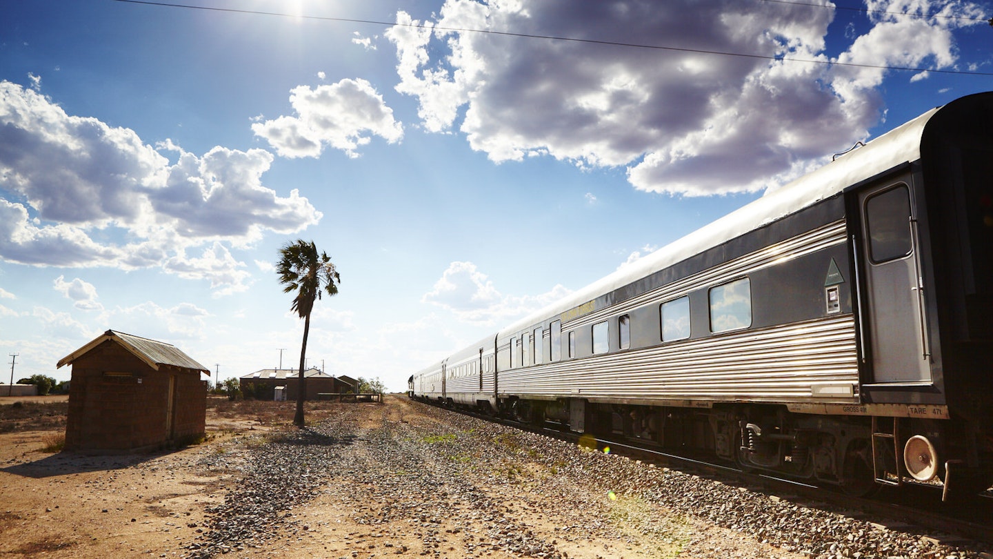 The Indian Pacific train stops in a small town on the Nullarbor Plain.