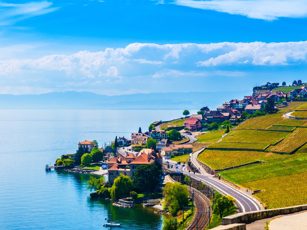 The World Heritage–listed vineyards of Lavaux set against Lake Geneva © PixHound / Shutterstock