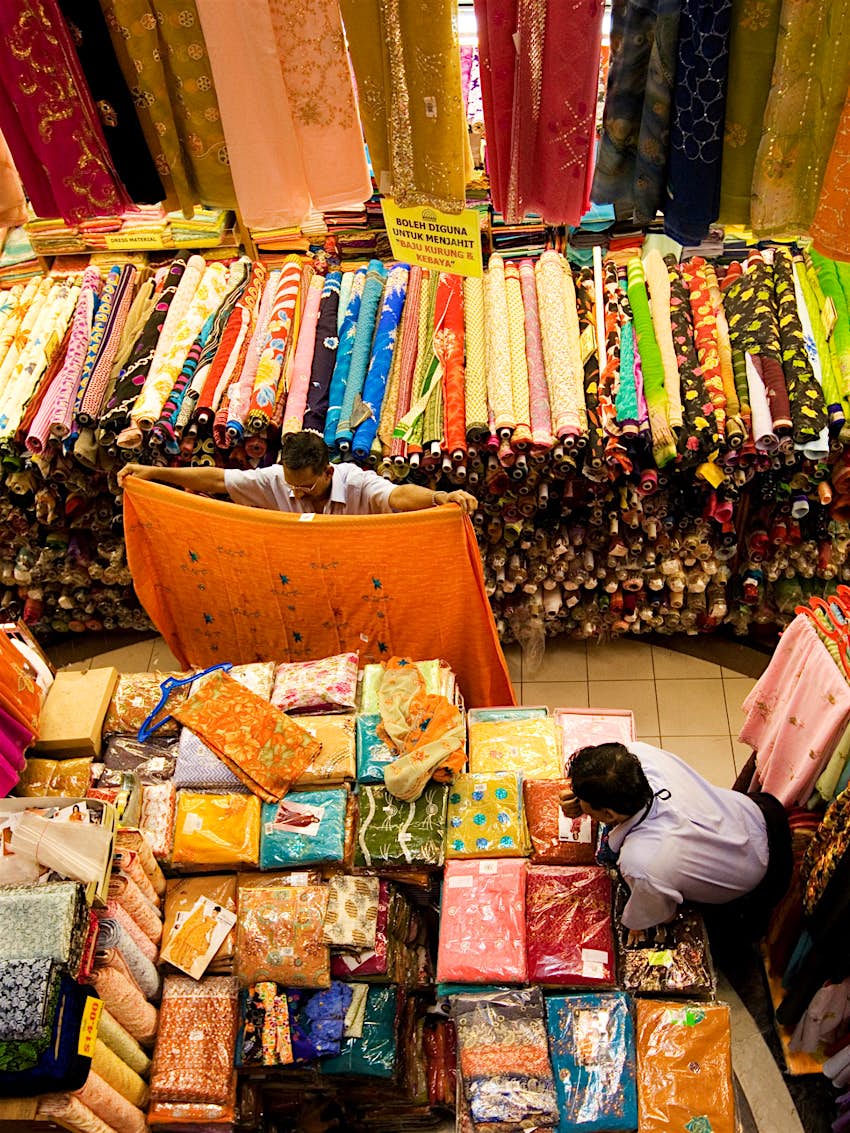 Colourful fabrics for sale at a stall in Little India’s Mustafa Centre