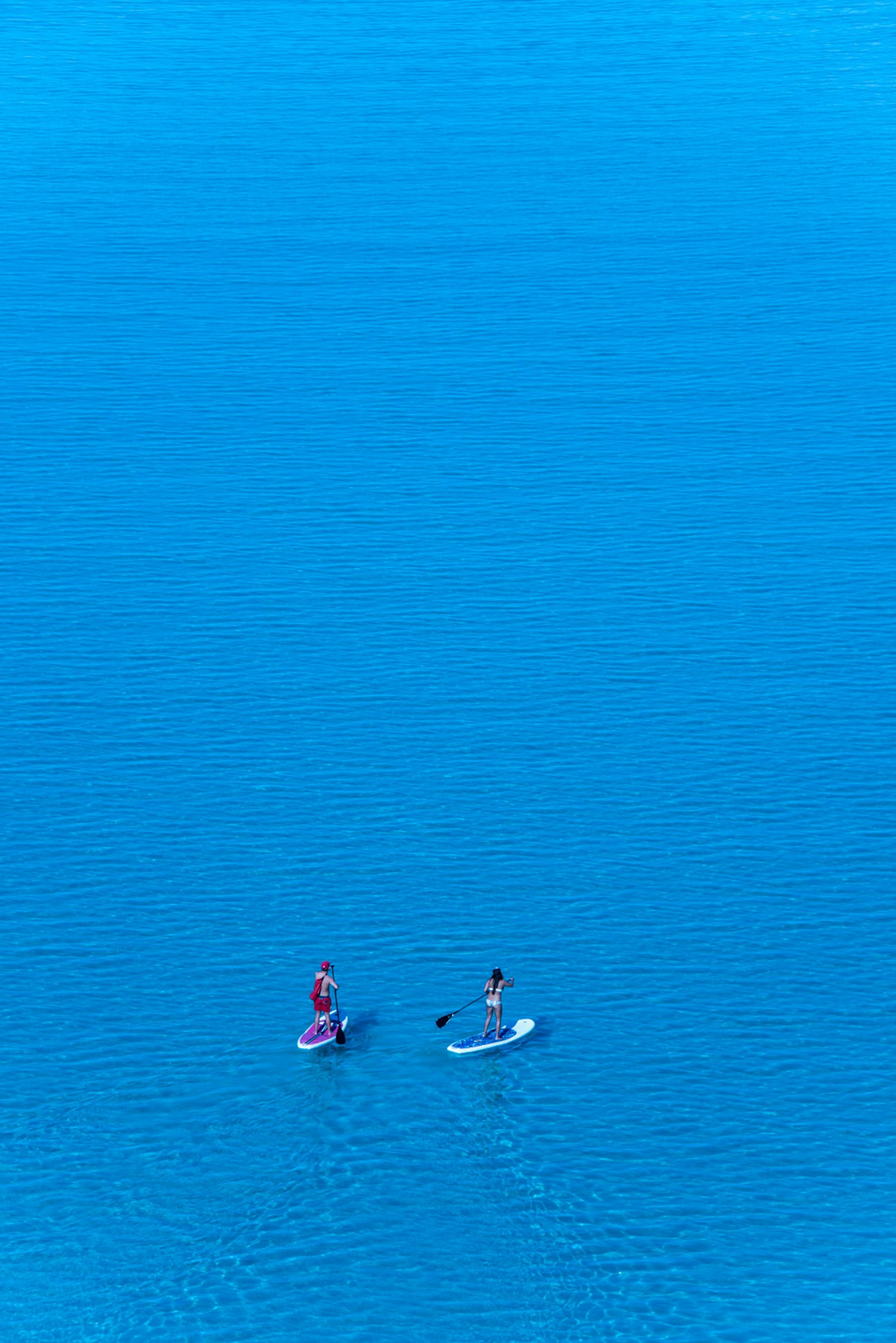 Couple paddle boards in vibrant blue ocean