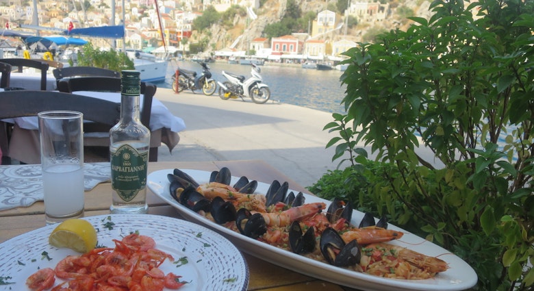 Seafood delights at Symi's Pantelis restaurant include the famous tiny shrimp © Karyn Noble / Lonely Planet