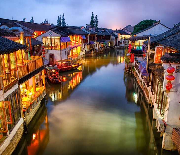 Zhujiajiao water town lit up at night