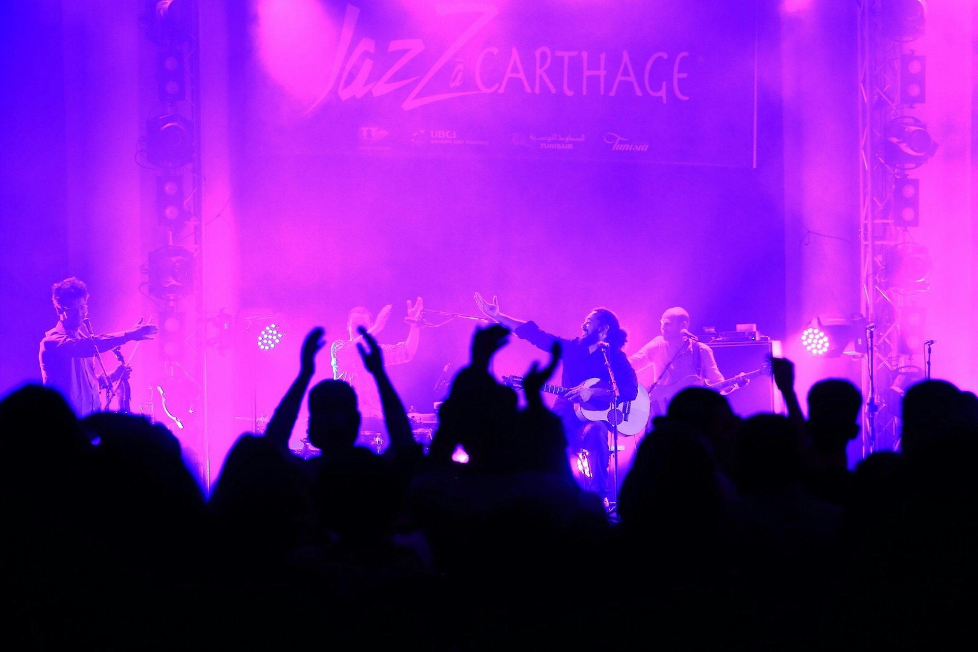 Algerian band Labes performs on stage during the 13th Carthage Jazz Festival in Gammarth, Tunis, Tunisia