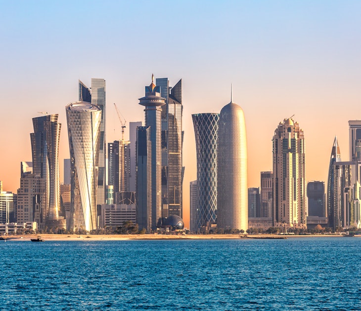 Features - Doha skyline and harbor at sunset, Qatar, Middle East