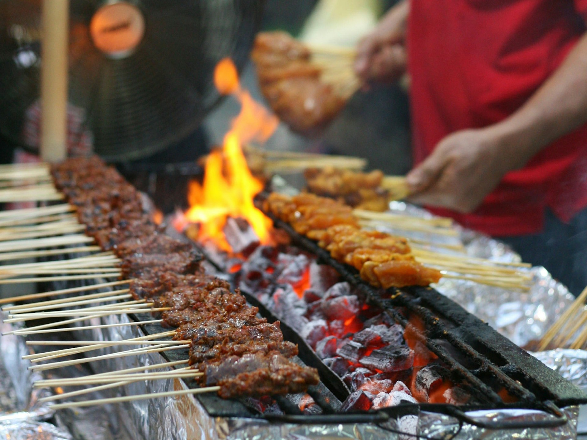 Satay chicken at a street food market in Singapore