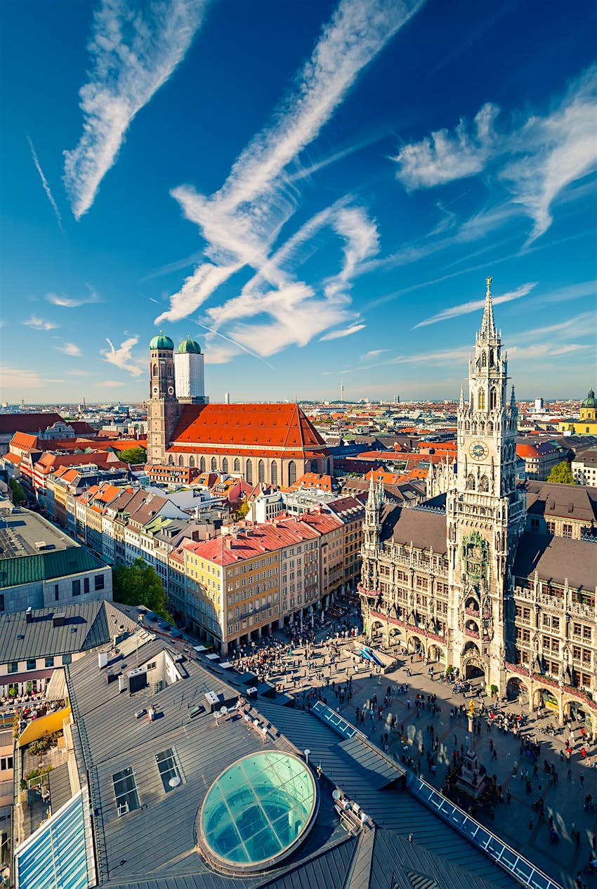 Aerial of the Marienplatz, New Town Hall and Frauenkirche in Munich